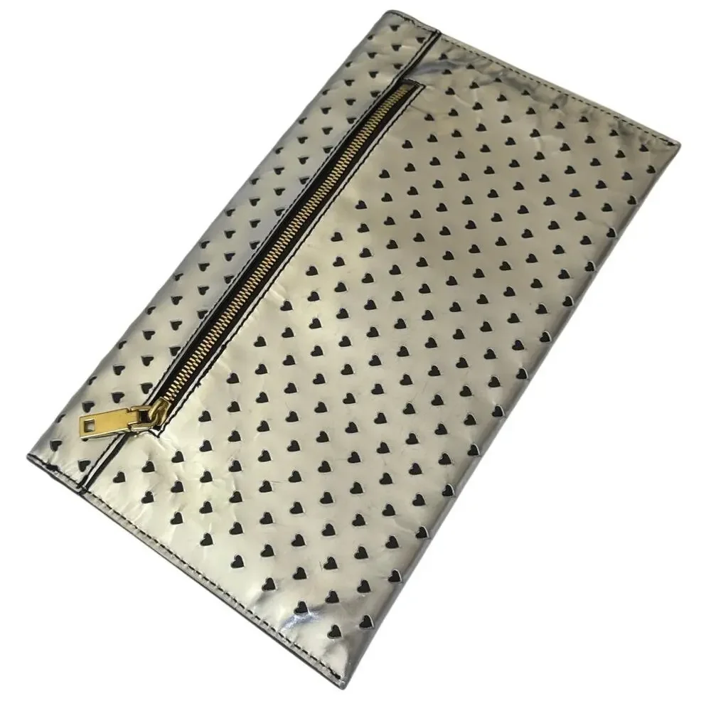J.CREW 100% Leather Heart Clutch Purse Silver Style A7607